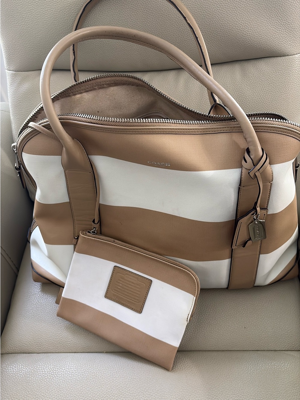 Coach Tan and White Striped bag with Wristlet